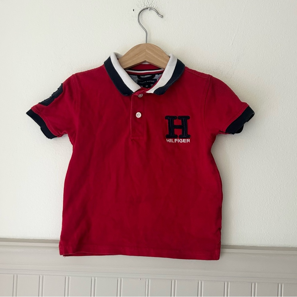 Tommy Hilfiger Boys 3T Red Embroidered Polo Shirt Cotton White Navy Trim Patch